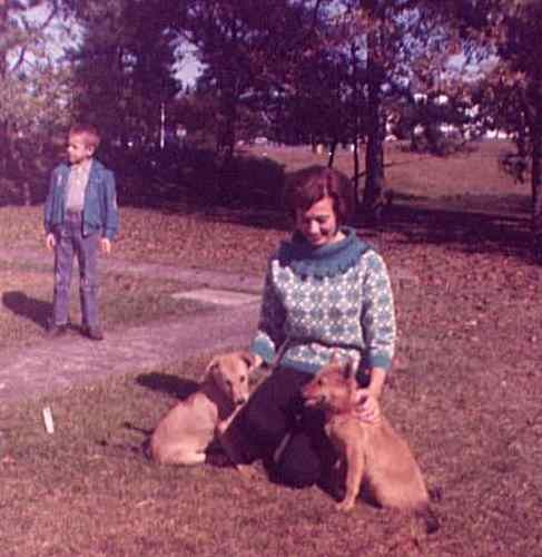  Jan with Roscoe (floppy ears) and his brother, Watasi. That's her son Buck on the left. 